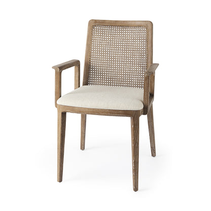 Cream And Brown Upholstered Fabric Dining Arm Chair