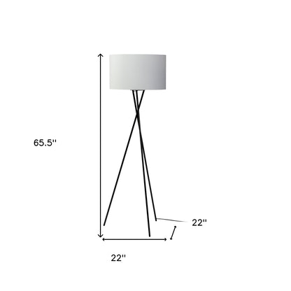 66" Black Tripod Floor Lamp With White Fabric Drum Shade