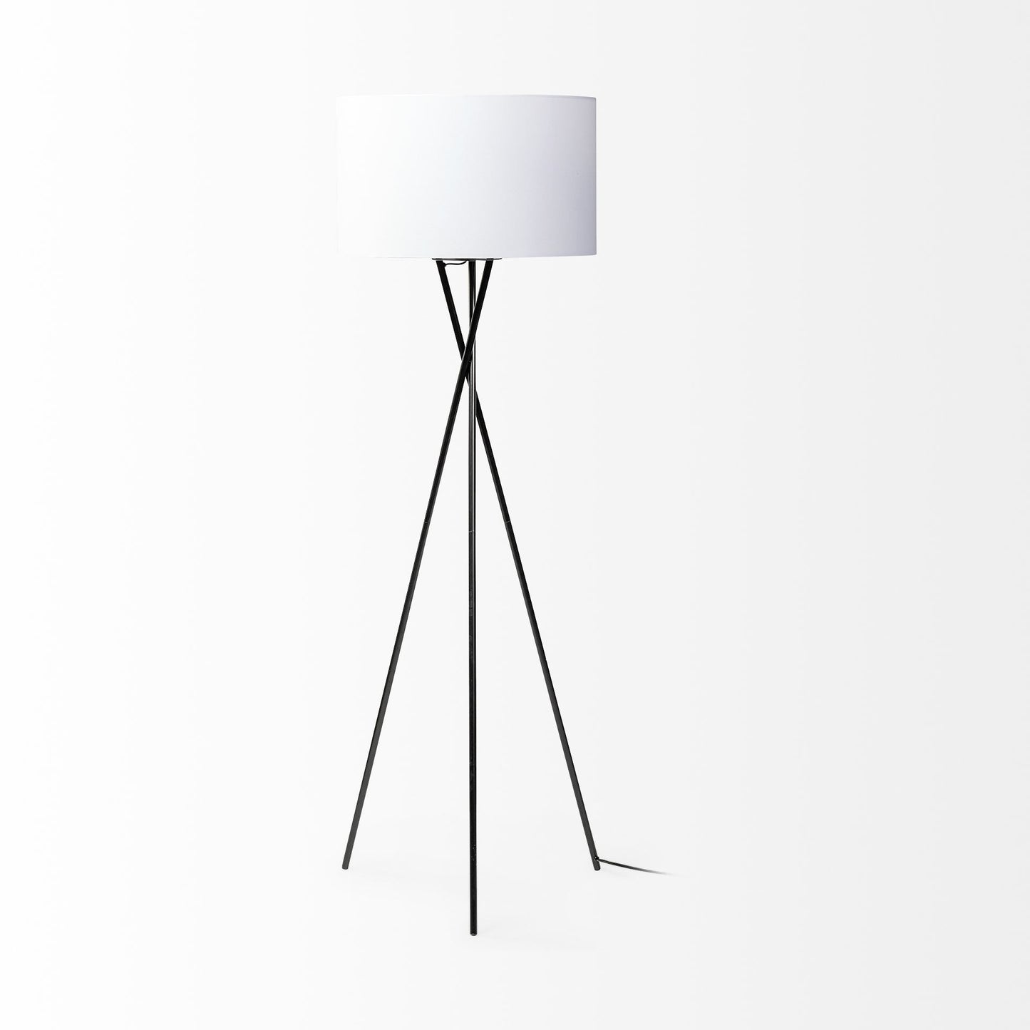 66" Black Tripod Floor Lamp With White Fabric Drum Shade