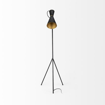 58" Black Metal Tripod Floor Lamp With Black And Gold Metal Cone Shade