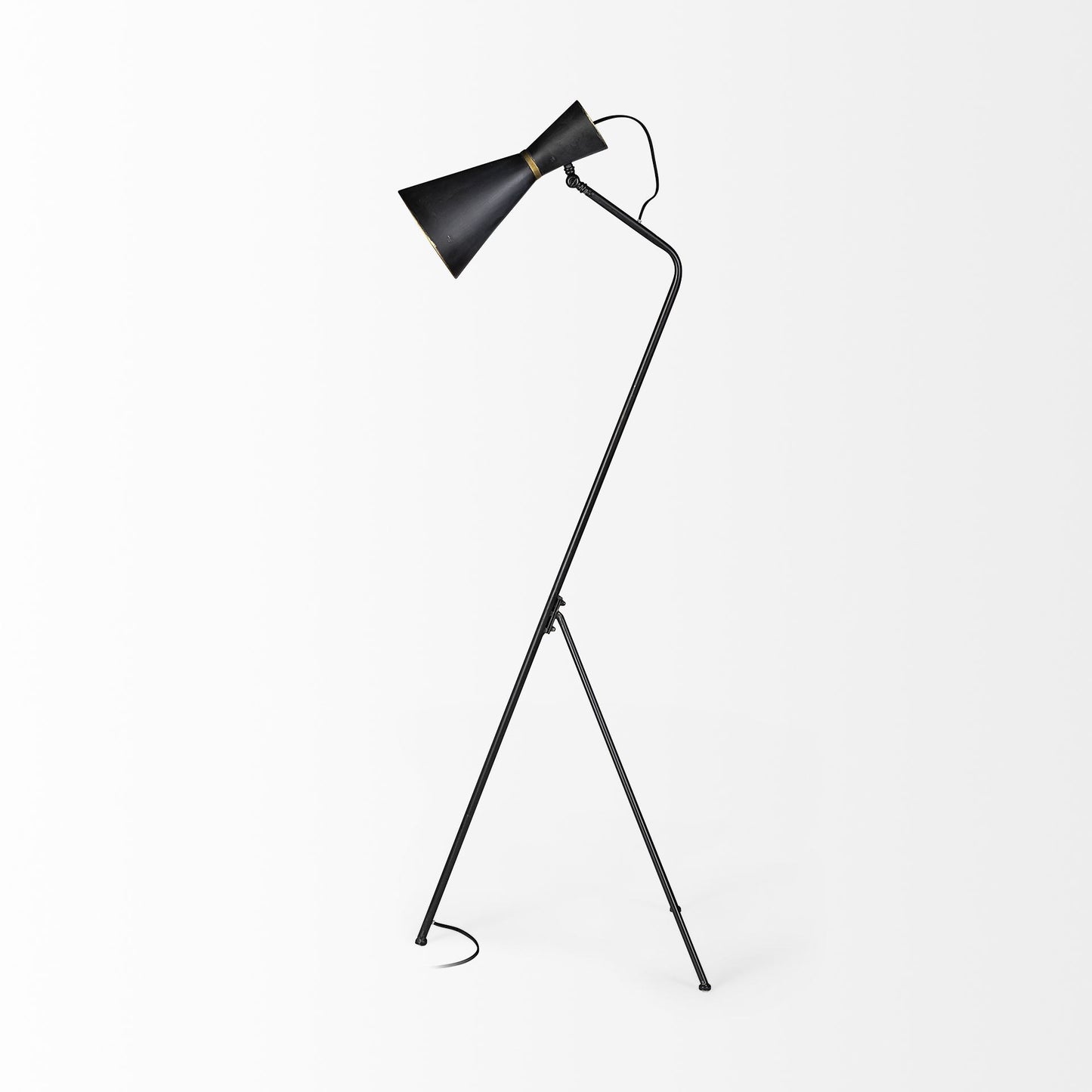 58" Black Metal Tripod Floor Lamp With Black And Gold Metal Cone Shade