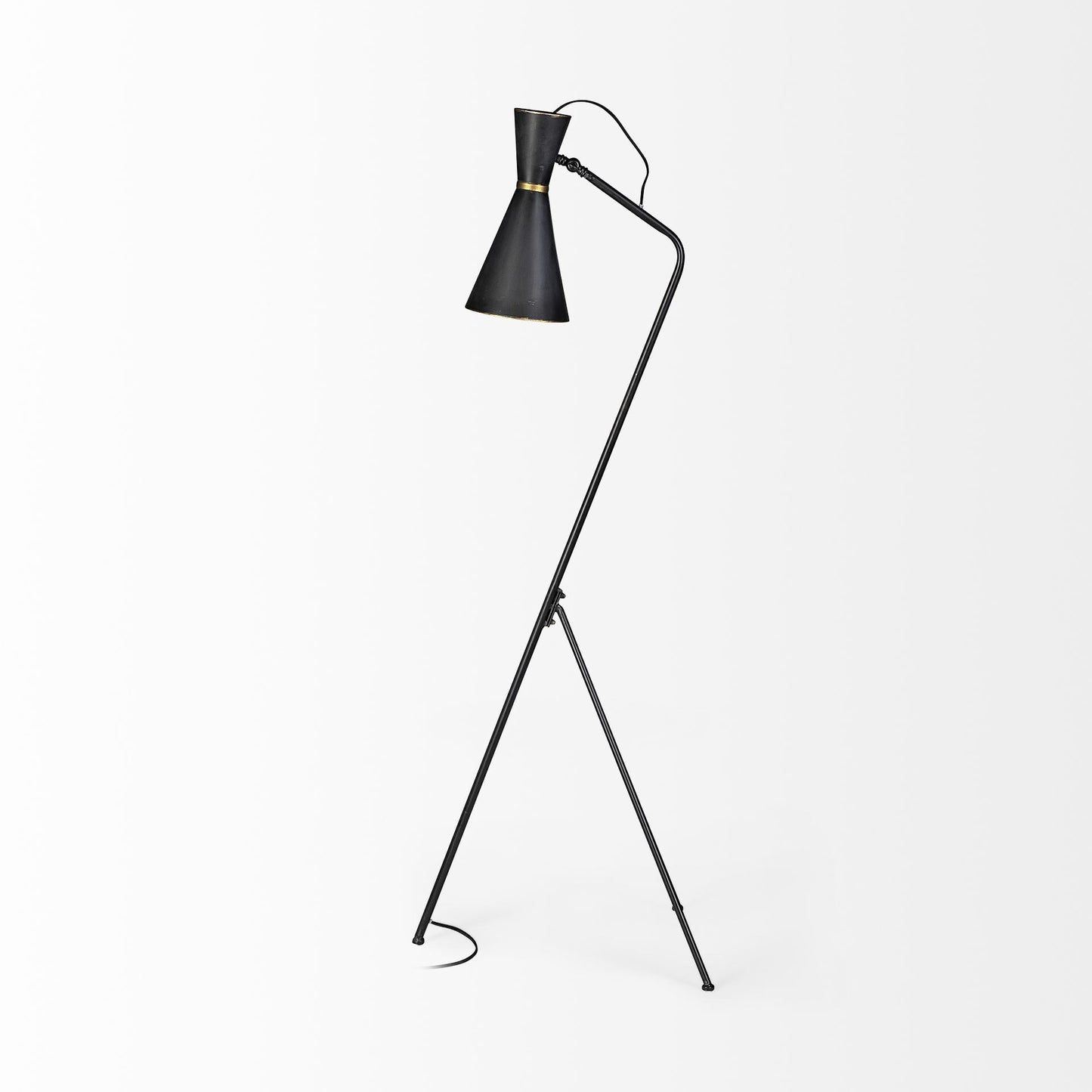 58" Black Metal Tripod Floor Lamp With Black And Gold Metal Cone Shade