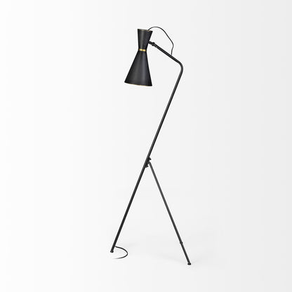 58" Black Metal Tripod Floor Lamp With Black And Gold Metal Cone Shade