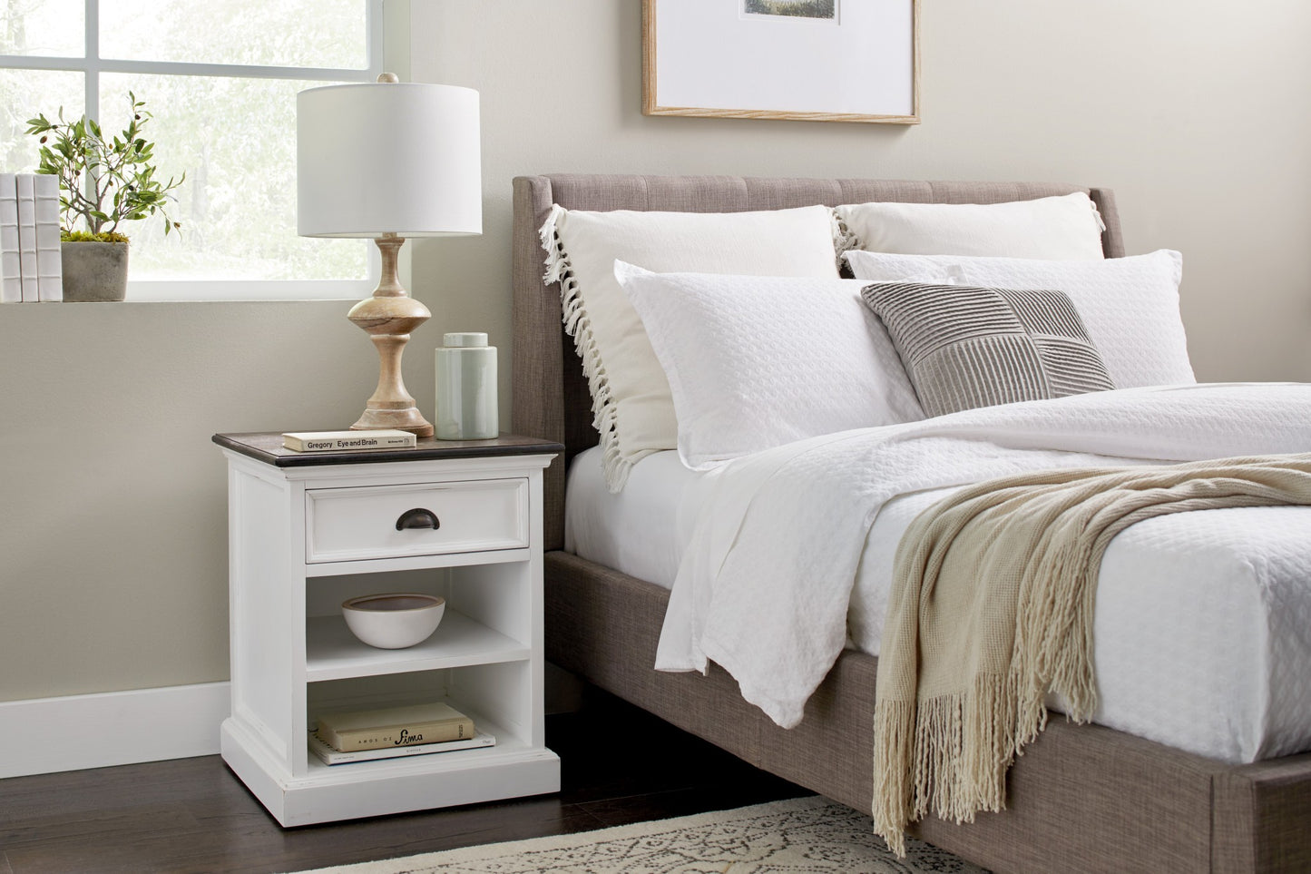 Distressed White and Deep Brown Nightstand With Shelves