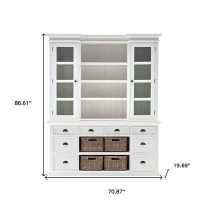 87" White Wood Bookcase with Glass Doors Drawers and Baskets