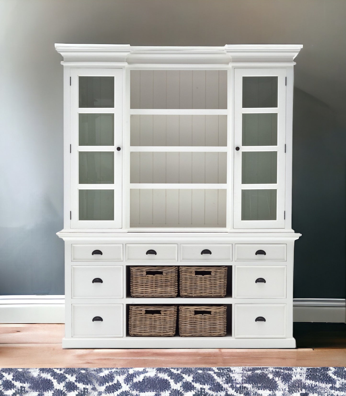 87" White Wood Bookcase with Glass Doors Drawers and Baskets