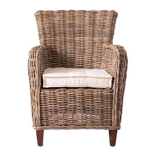 Set Of Two Natural Brown Rattan Wingback Wicker Chairs with Seat Cushions