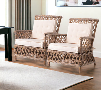 Set of Two Natural Lattice Wicker Arm Chairs with Seat Cushions