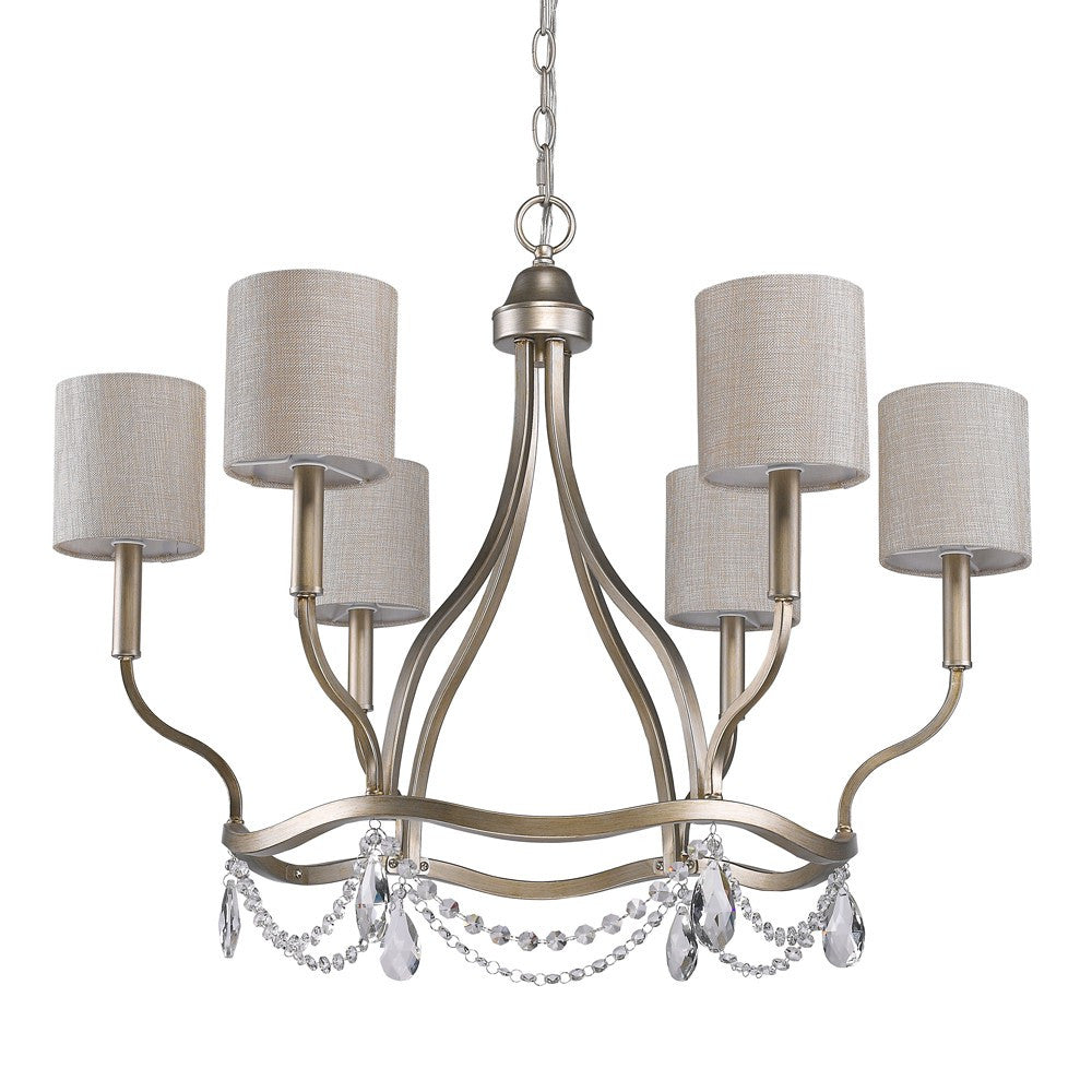 Gold Candle Style Six Light Metal Dimmable Chandelier With White Shades