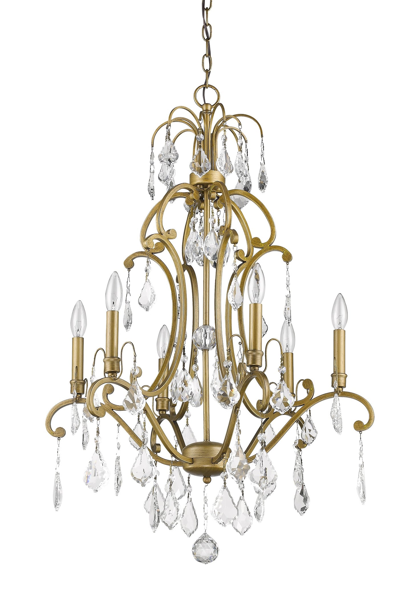 Gold Candle Style Six Light Metal and Crystals Dimmable Chandelier