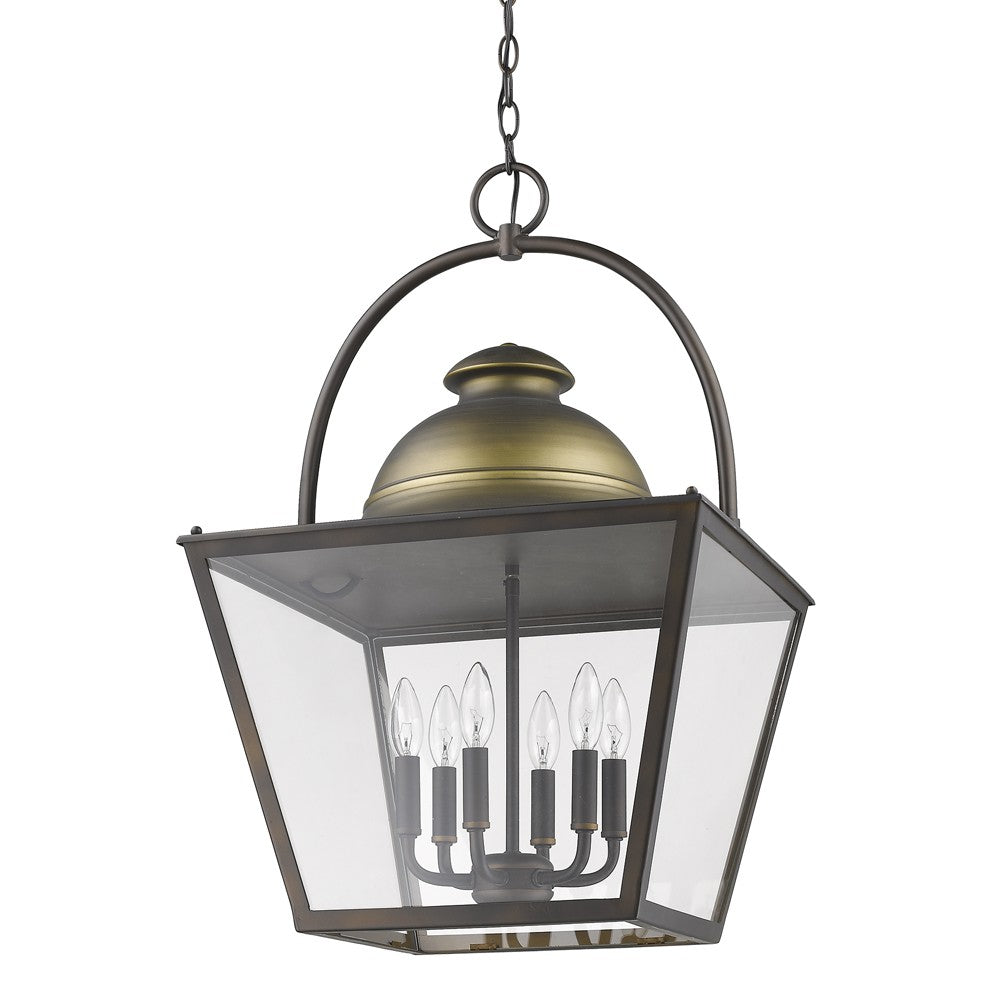 Savannah 6-Light Oil-Rubbed Bronze Foyer Pendant With Raw Brass Accents And Clear Glass Panes