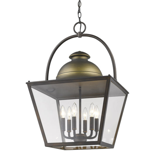 Savannah 6-Light Oil-Rubbed Bronze Foyer Pendant With Raw Brass Accents And Clear Glass Panes