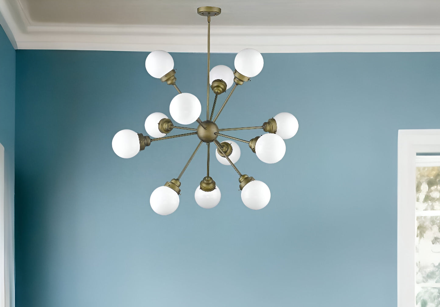 Bronze Sputnik Twelve Light Frosted Metal Dimmable Chandelier With Off White Shades