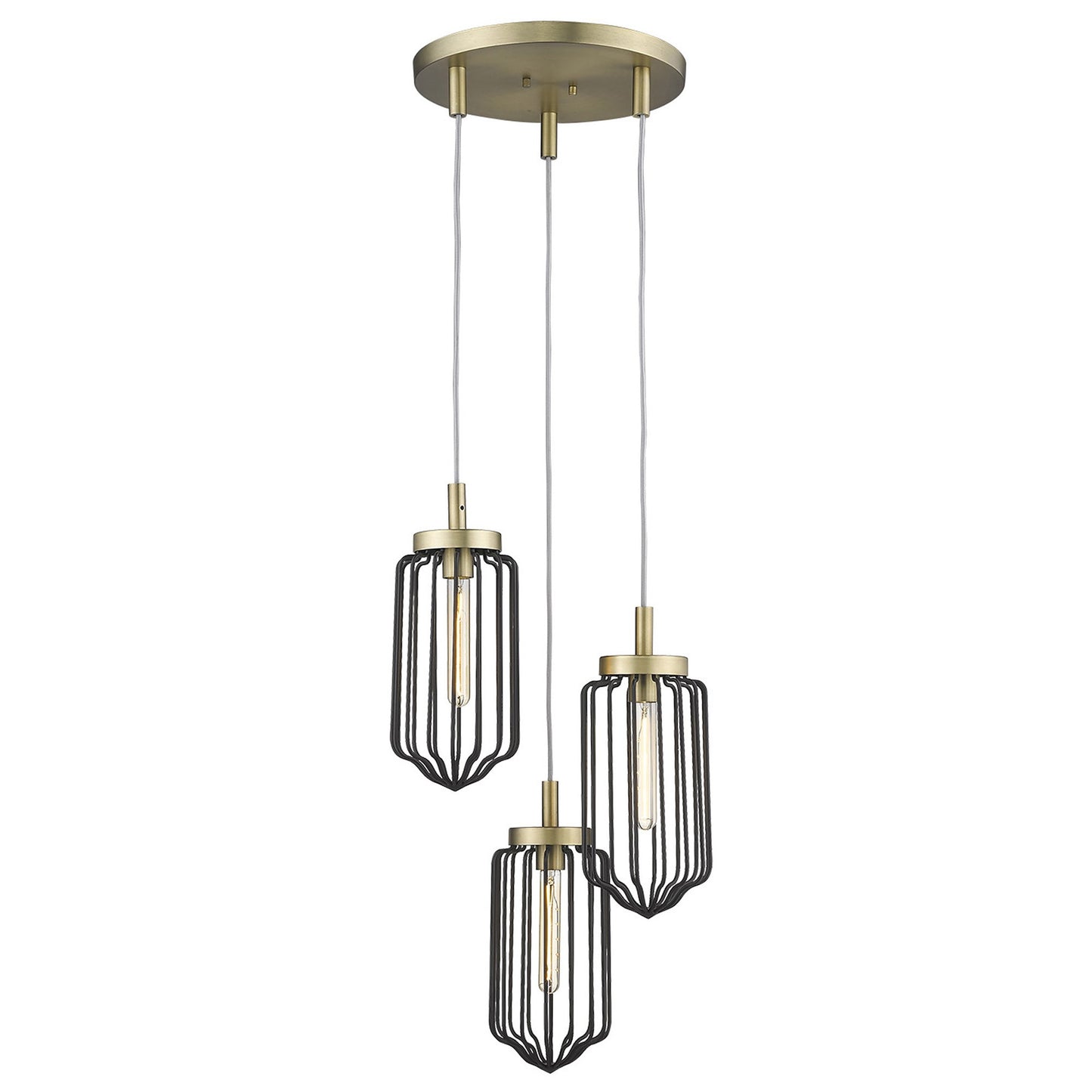 Gold Caged Three Light Metal Dimmable Chandelier With Black Shades