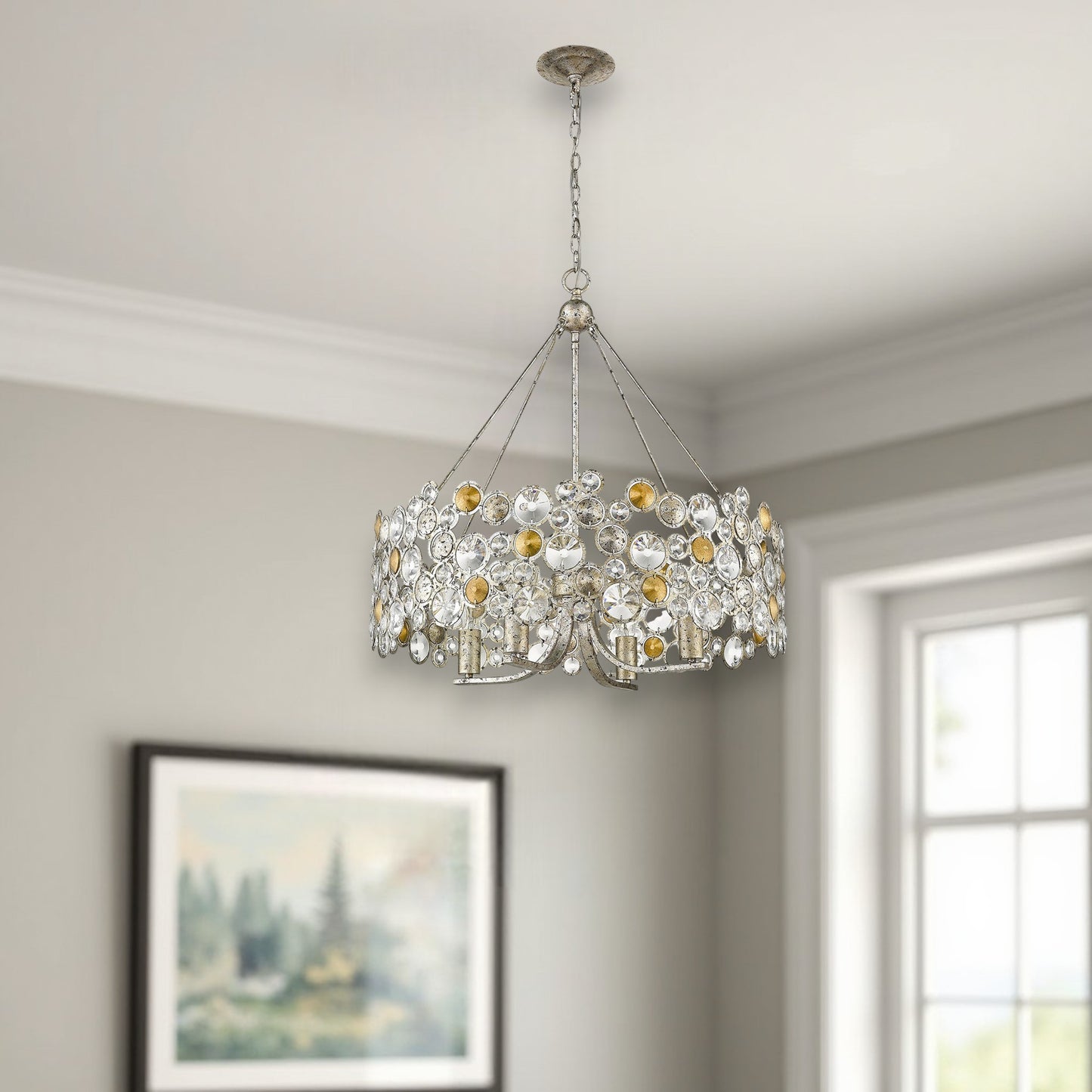 Silver Shaded Four Light Metal and Crystals Dimmable Chandelier With Silver Shades