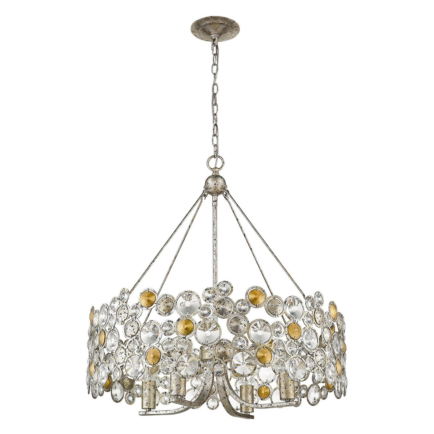 Silver Shaded Four Light Metal and Crystals Dimmable Chandelier With Silver Shades