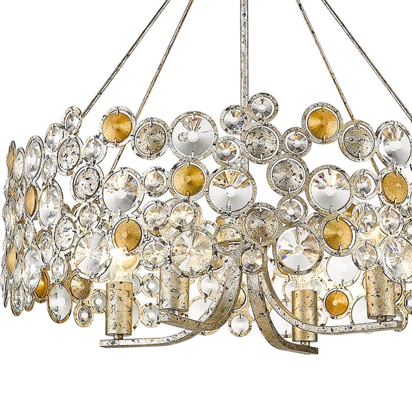 Silver Shaded Four Light Metal and Crystals Dimmable Chandelier With Silver Shades