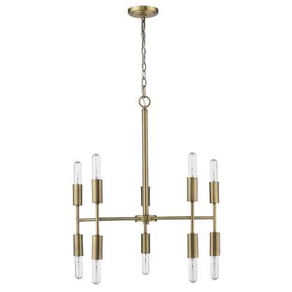 Brass Candle Style Ten Light Metal Dimmable Chandelier