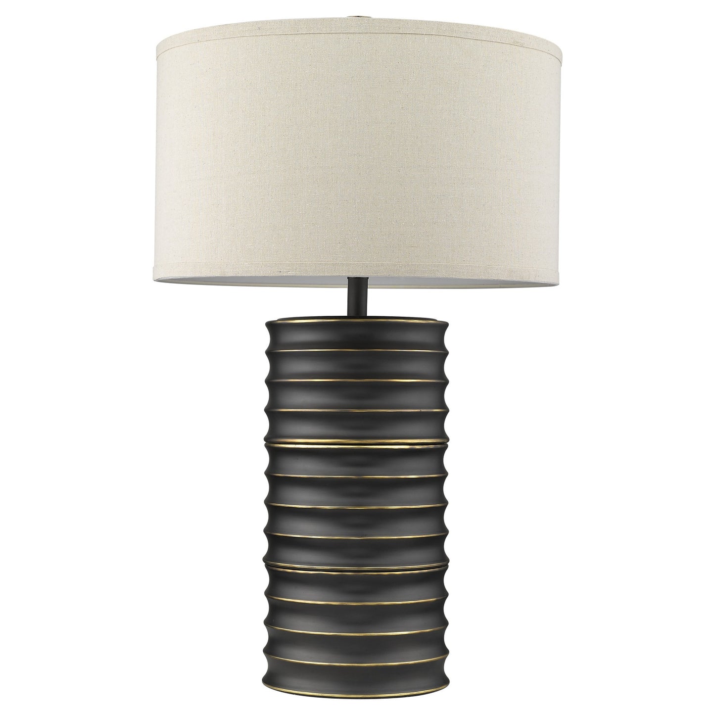 29" Black Metal Column Lamp With Off White Drum Shade