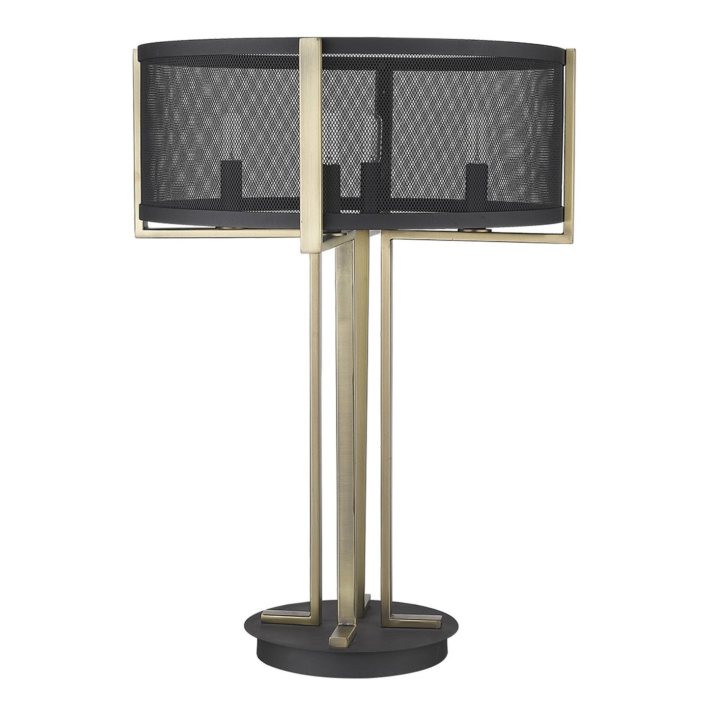 25" Brass Metal Four Light Geometric Table Lamp With Black Drum Shade