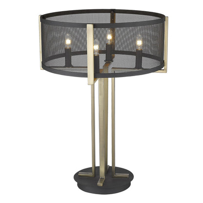 25" Brass Metal Four Light Geometric Table Lamp With Black Drum Shade