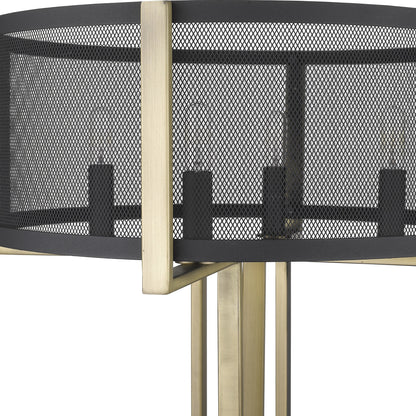 25" Brass Metal Four Light Geometric Table Lamp With Black Drum Shade