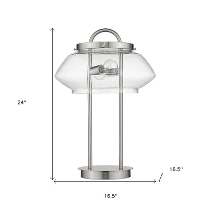 24" Silver Metal Two Light Table Lamp With Clear Novelty Shade