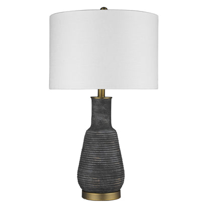 26" Gray and Gold Ceramic Column Lamp With White Drum Shade