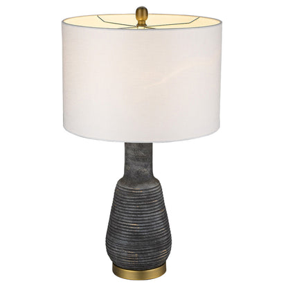 26" Gray and Gold Ceramic Column Lamp With White Drum Shade