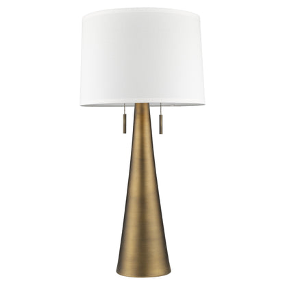 34" Brass Metal Two Light Table Lamp With White Empire Shade