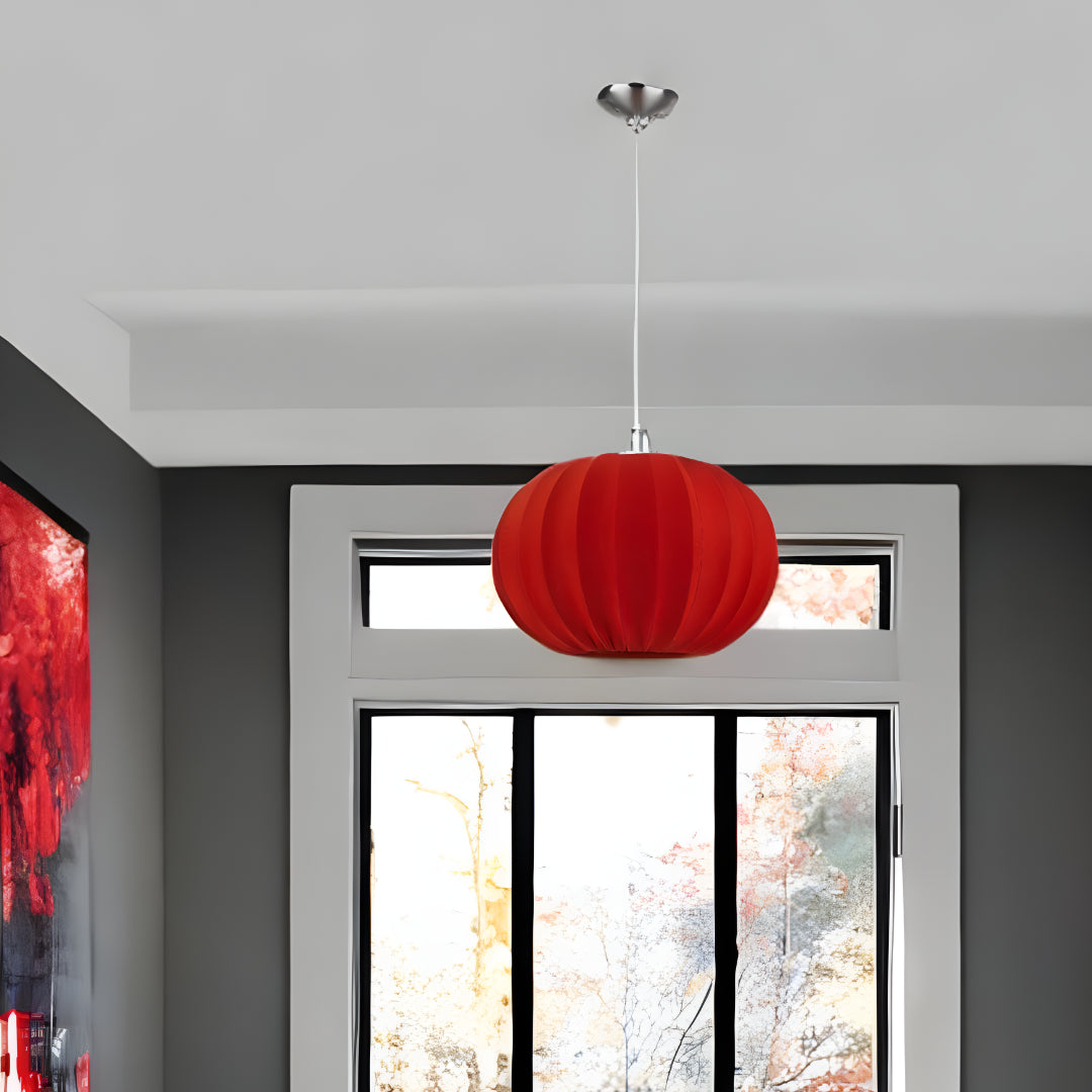 Shanghai 1-Light Brushed Nickel Pendant With Sheer Red Ribbon Shade