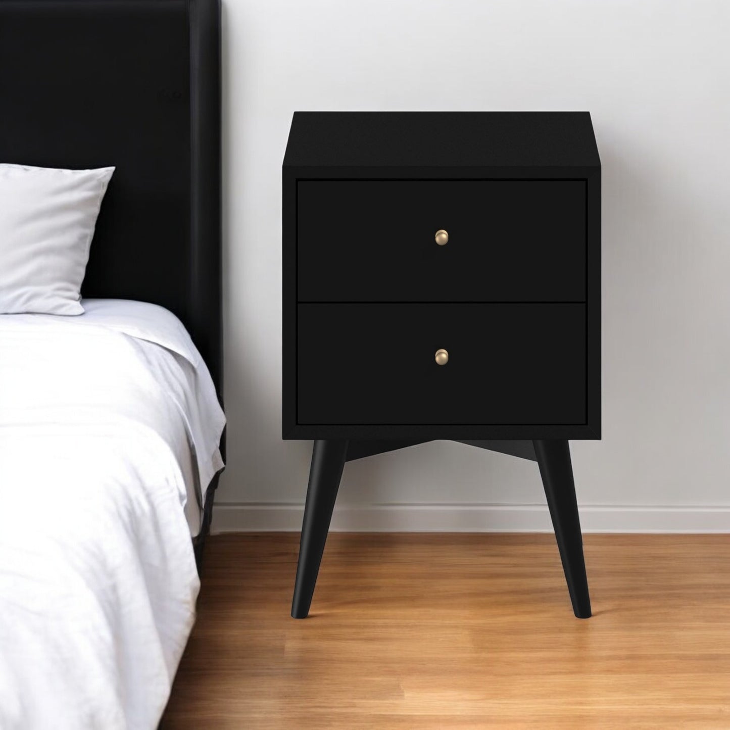 26" Black Two Drawer Solid Wood Nightstand