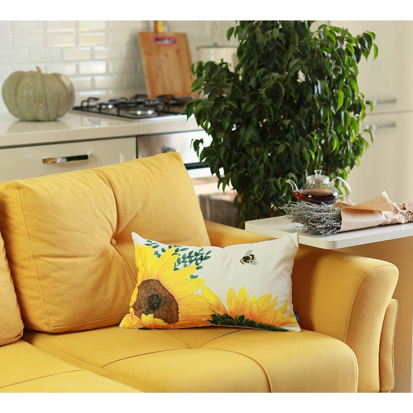 Sunflowers and Bee Lumbar Throw Pillow