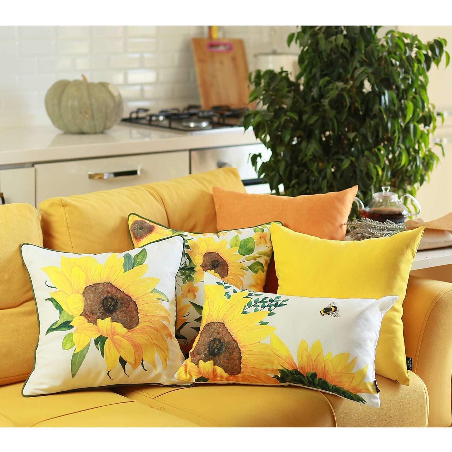 Sunflowers and Bee Lumbar Throw Pillow