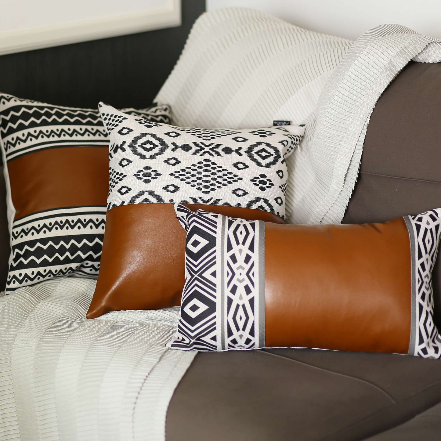 Rustic Brown Faux Leather Geometric Lumbar Pillow