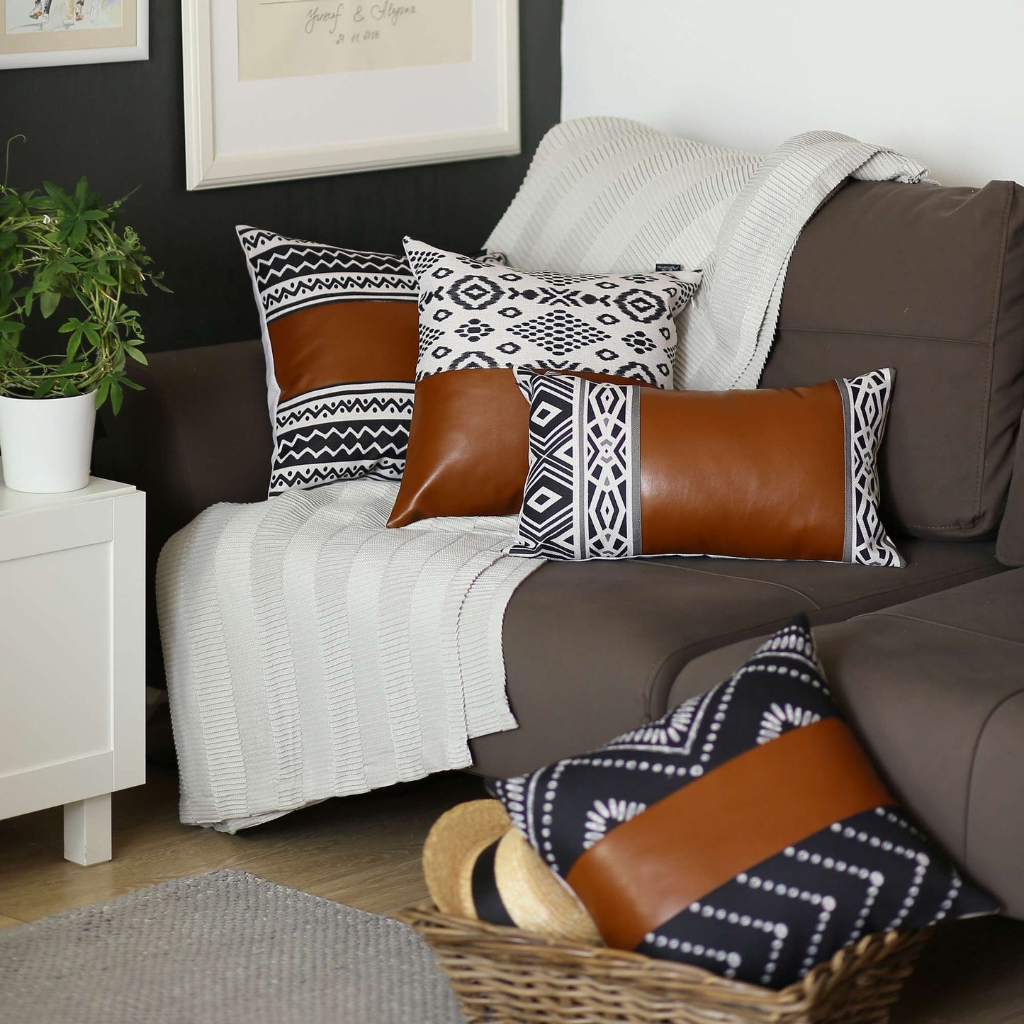 Rustic Brown Faux Leather Geometric Lumbar Pillow