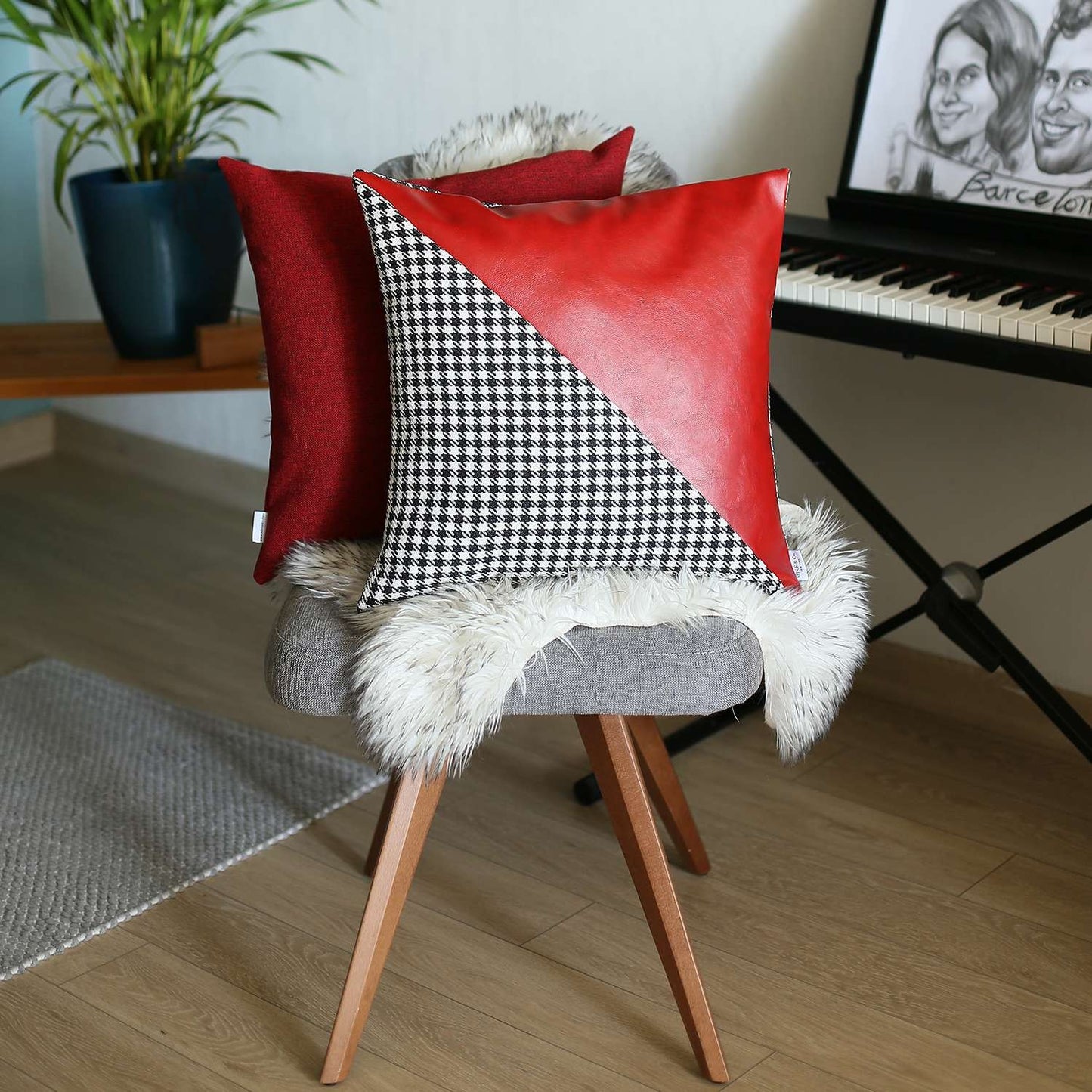 Houndstooth Red Faux Leather Throw Pillow