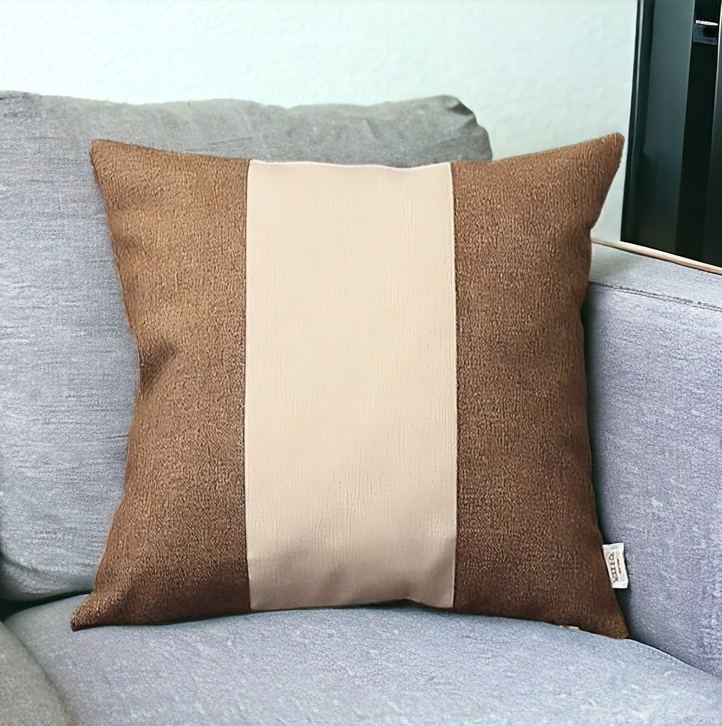 Brown and White Centered Strap Throw Pillow