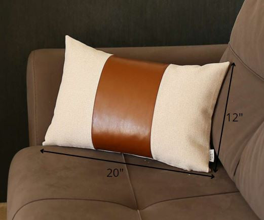 12" X 20" Brown and White Faux Leather Lumbar Throw Pillow