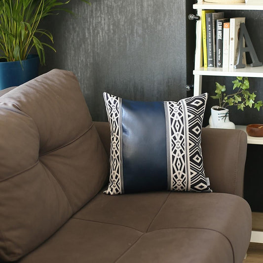 Deep Navy Faux Leather Geometric Throw Pillow