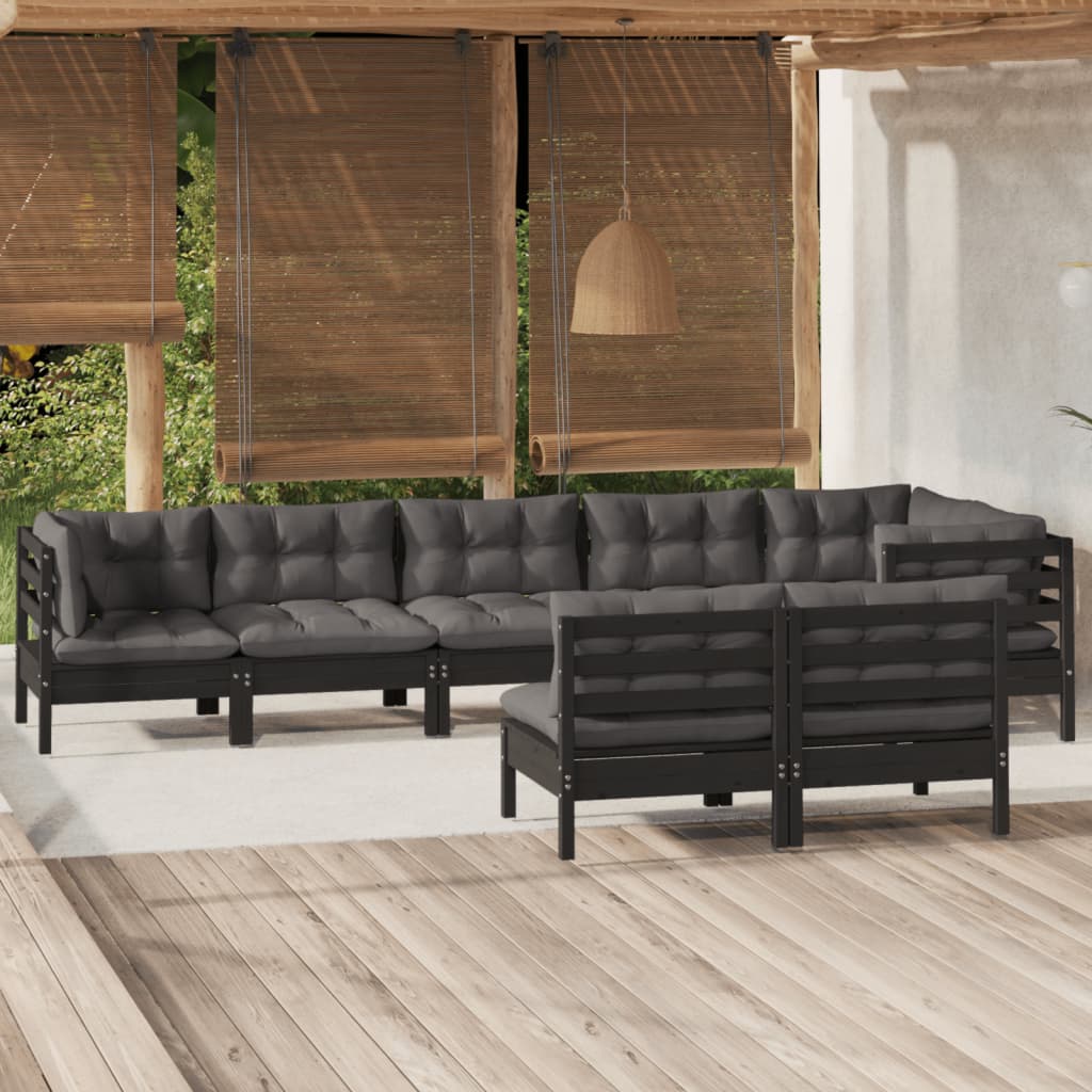 8 Piece Patio Lounge Set with Cushions Black Solid Pinewood