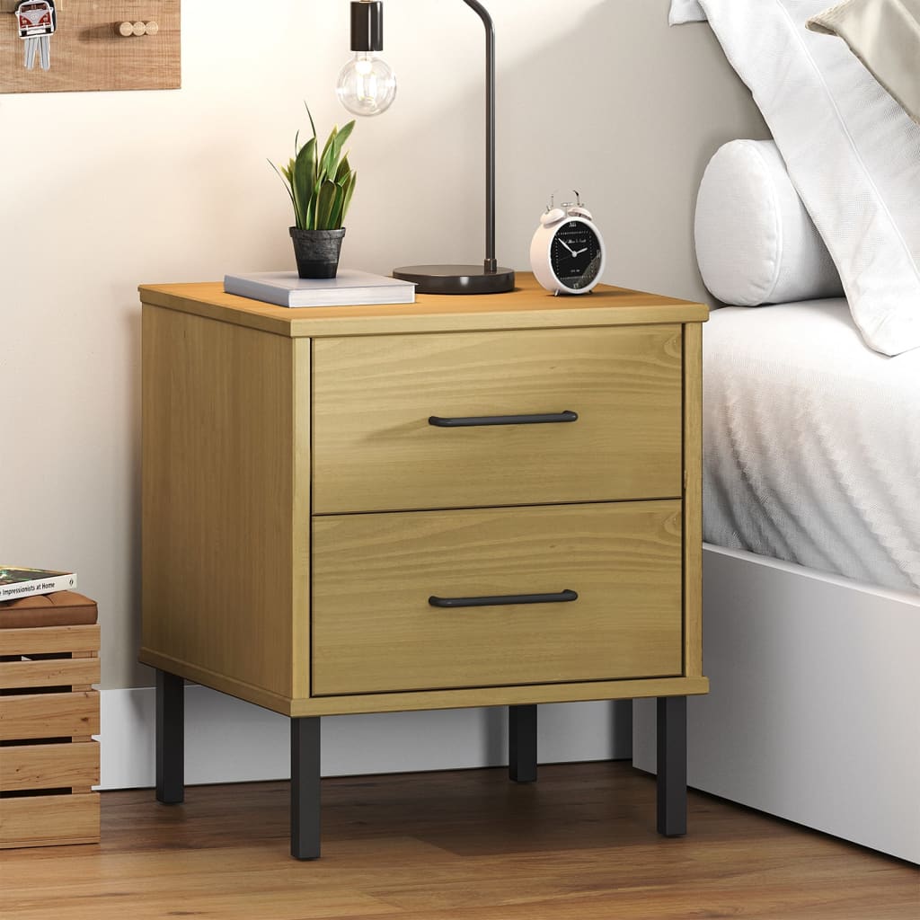 Bedside Cabinet with Metal Legs White Solid Wood Pine OSLO