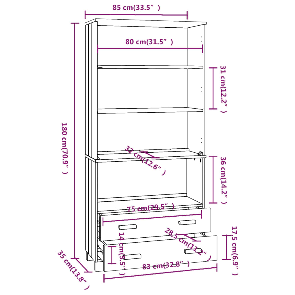 Highboard HAMAR Solid Wood Pine Dark Gray