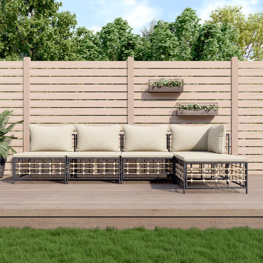 5 Piece Patio Lounge Set with Cushions Anthracite Poly Rattan