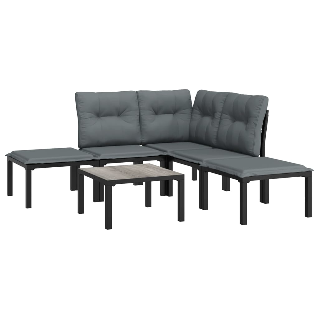 6 Piece Patio Lounge Set Black and Gray Poly Rattan