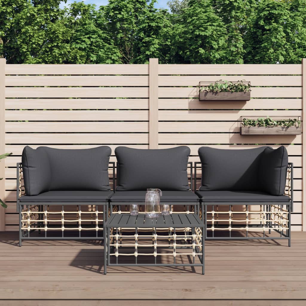 4 Piece Patio Lounge Set with Cushions Anthracite Poly Rattan