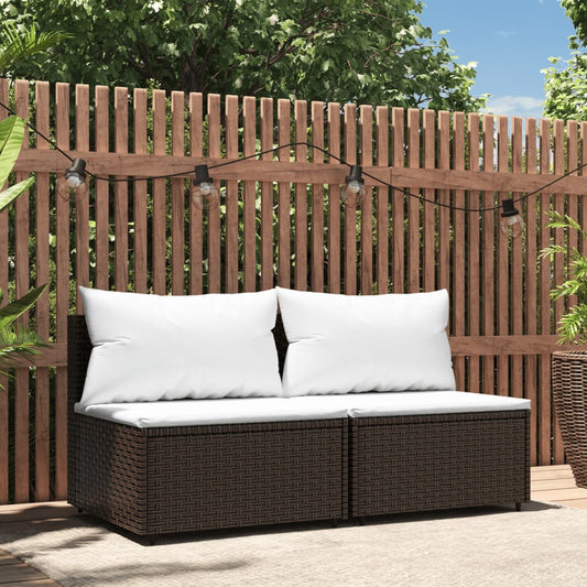 Patio Middle Sofas with Cushions 2 pcs Brown Poly Rattan