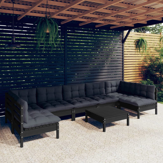 8 Piece Patio Lounge Set with Cushions Black Solid Pinewood