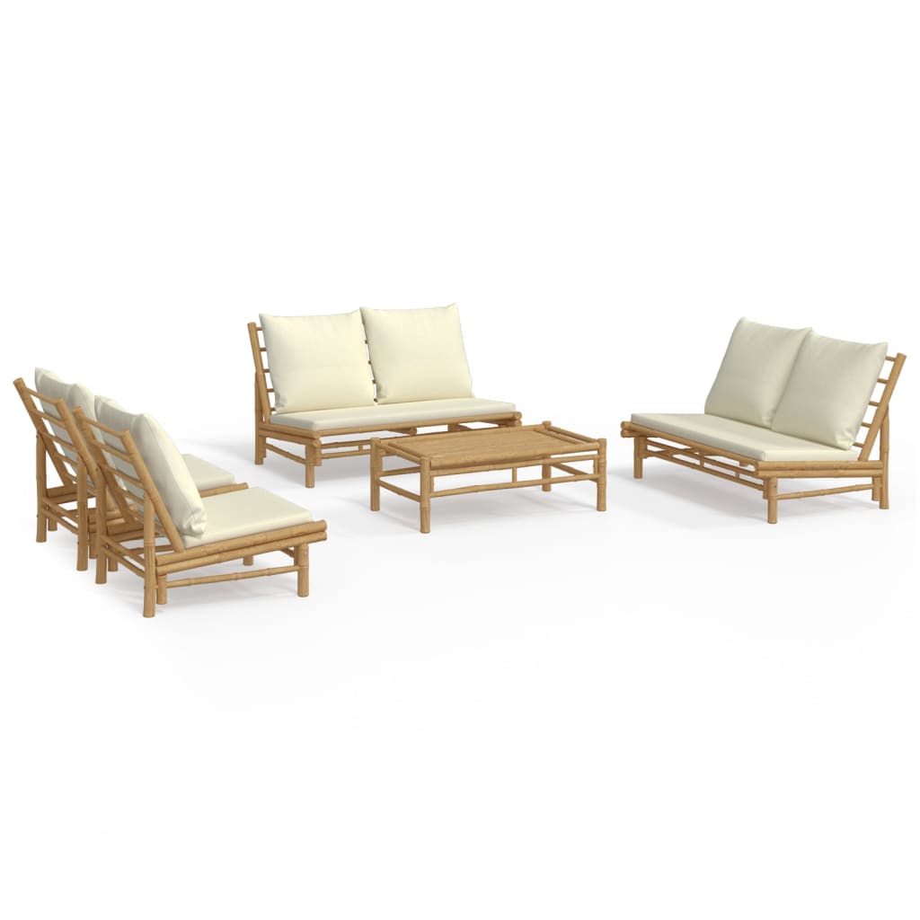 5 Piece Patio Lounge Set with Cream White Cushions Bamboo