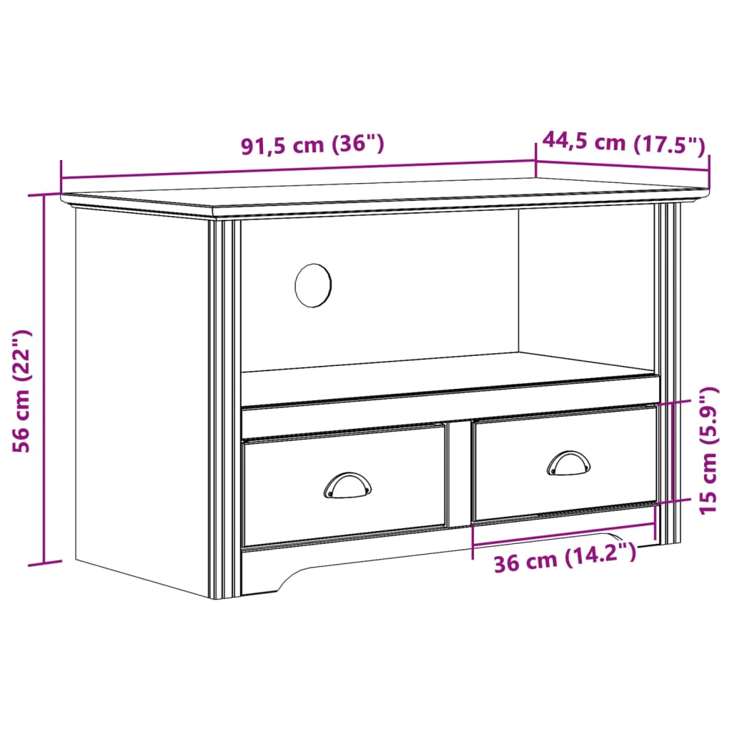 TV Stand with 2 Drawers BODO Brown 36"x17.5"x22" Solid Wood Pine